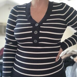LOFT Navy and White V-Neck Sweater